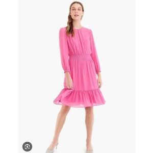 J crew hot pink cinched waist long sleeves chiffon dress medium‎ summer vacation